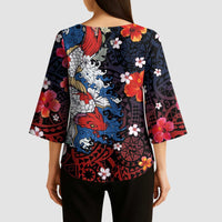 Hawaiian and Japanese Together Kimono Sleeve Blouse Hibiscus and Koi Fish Polynesian Pattern Colorful Style - Polynesian Pride