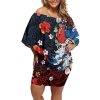Hawaiian and Japanese Together Off Shoulder Short Dress Hibiscus and Koi Fish Polynesian Pattern Colorful Style LT03 Women Red - Polynesian Pride
