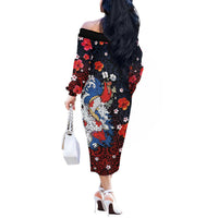 Hawaiian and Japanese Together Off The Shoulder Long Sleeve Dress Hibiscus and Koi Fish Polynesian Pattern Colorful Style LT03 - Polynesian Pride