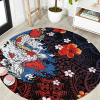 Hawaiian and Japanese Together Round Carpet Hibiscus and Koi Fish Polynesian Pattern Colorful Style LT03 Red - Polynesian Pride