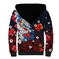 Hawaiian and Japanese Together Sherpa Hoodie Hibiscus and Koi Fish Polynesian Pattern Colorful Style