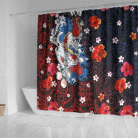 Hawaiian and Japanese Together Shower Curtain Hibiscus and Koi Fish Polynesian Pattern Colorful Style