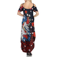 Hawaiian and Japanese Together Summer Maxi Dress Hibiscus and Koi Fish Polynesian Pattern Colorful Style