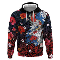 Hawaiian and Japanese Together Zip Hoodie Hibiscus and Koi Fish Polynesian Pattern Colorful Style LT03 Pullover Hoodie Red - Polynesian Pride
