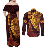 Hawaii Volcano Couples Matching Off Shoulder Maxi Dress and Long Sleeve Button Shirt Polynesian and Kakau Pattern