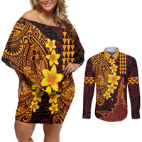 Hawaii Volcano Couples Matching Off Shoulder Short Dress and Long Sleeve Button Shirt Polynesian and Kakau Pattern