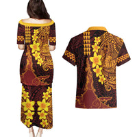 Hawaii Volcano Couples Matching Puletasi and Hawaiian Shirt Polynesian and Kakau Pattern