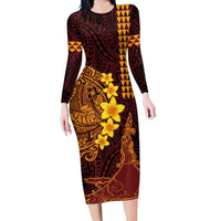 Hawaii Volcano Long Sleeve Bodycon Dress Polynesian and Kakau Pattern LT03 Long Dress Red - Polynesian Pride