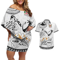 Fijian Traditional Culture Couples Matching Off Shoulder Short Dress and Hawaiian Shirt Tapa Tribal Tattoos - Polynesian Pride