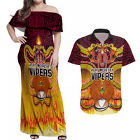 PNG Port Moresby Vipers Rugby Couples Matching Off Shoulder Maxi Dress and Hawaiian Shirt Fire Vipers Mix PNG Bird Polynesian Tattoo LT03 Yellow - Polynesian Pride