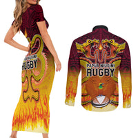 PNG Port Moresby Vipers Rugby Couples Matching Short Sleeve Bodycon Dress and Long Sleeve Button Shirts Fire Vipers Mix PNG Bird Polynesian Tattoo LT03 - Polynesian Pride
