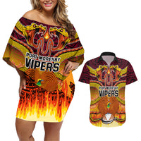 Custom PNG Port Moresby Vipers Rugby Couples Matching Off Shoulder Short Dress and Hawaiian Shirt Fire Vipers Mix PNG Bird Polynesian Tattoo LT03 Yellow - Polynesian Pride