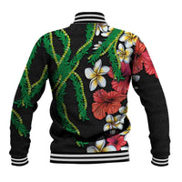 Hawaiian Tropical Flowers and Maile Pikake Baseball Jacket Polynesian Tribal Pattern Black Color LT03 - Polynesian Pride