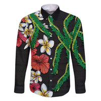 Hawaiian Tropical Flowers and Maile Pikake Family Matching Short Sleeve Bodycon Dress and Hawaiian Shirt Polynesian Tribal Pattern Black Color