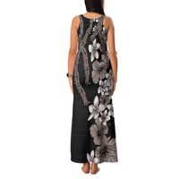 Hawaiian Tropical Flowers and Maile Pikake Family Matching Tank Maxi Dress and Hawaiian Shirt Polynesian Tribal Pattern Grayscale Mode