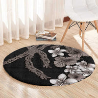 Hawaiian Tropical Flowers and Maile Pikake Round Carpet Polynesian Tribal Pattern Grayscale Mode