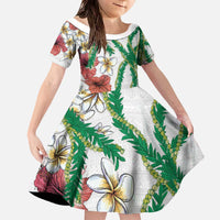 Hawaiian Tropical Flowers and Maile Pikake Family Matching Off The Shoulder Long Sleeve Dress and Hawaiian Shirt Polynesian Tribal Pattern White Color