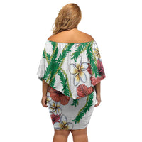 Hawaiian Tropical Flowers and Maile Pikake Off Shoulder Short Dress Polynesian Tribal Pattern White Color LT03 - Polynesian Pride