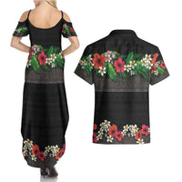 Hawaiian Tropical Flowers and Tribal Polynesian Tattoo Couples Matching Summer Maxi Dress and Hawaiian Shirt Black Color