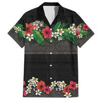 Hawaiian Tropical Flowers and Tribal Polynesian Tattoo Family Matching Tank Maxi Dress and Hawaiian Shirt Black Color
