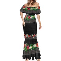 Hawaiian Tropical Flowers and Tribal Polynesian Tattoo Mermaid Dress Black Color