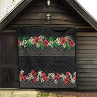 Hawaiian Tropical Flowers and Tribal Polynesian Tattoo Quilt Black Color