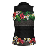 Hawaiian Tropical Flowers and Tribal Polynesian Tattoo Women Sleeveless Polo Shirt Black Color LT03 - Polynesian Pride