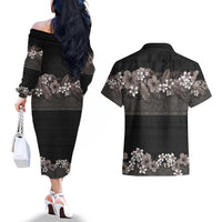 Hawaiian Tropical Flowers and Tribal Polynesian Tattoo Couples Matching Off The Shoulder Long Sleeve Dress and Hawaiian Shirt Grayscale Mode