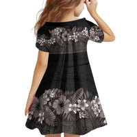 Hawaiian Tropical Flowers and Tribal Polynesian Tattoo Kid Short Sleeve Dress Grayscale Mode LT03 - Polynesian Pride