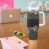 Hawaiian Tropical Flowers and Tribal Polynesian Tattoo Tumbler With Handle Grayscale Mode
