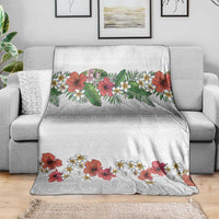 Hawaiian Tropical Flowers and Tribal Polynesian Tattoo Blanket White Color