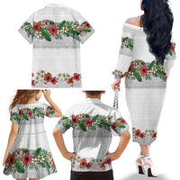 Hawaiian Tropical Flowers and Tribal Polynesian Tattoo Family Matching Off The Shoulder Long Sleeve Dress and Hawaiian Shirt White Color