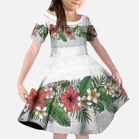 Hawaiian Tropical Flowers and Tribal Polynesian Tattoo Family Matching Short Sleeve Bodycon Dress and Hawaiian Shirt White Color LT03 Daughter's Dress White - Polynesian Pride