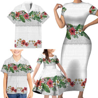 Hawaiian Tropical Flowers and Tribal Polynesian Tattoo Family Matching Short Sleeve Bodycon Dress and Hawaiian Shirt White Color LT03 - Polynesian Pride