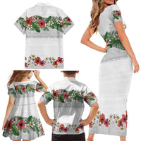 Hawaiian Tropical Flowers and Tribal Polynesian Tattoo Family Matching Short Sleeve Bodycon Dress and Hawaiian Shirt White Color LT03 - Polynesian Pride