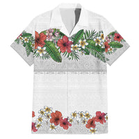 Hawaiian Tropical Flowers and Tribal Polynesian Tattoo Family Matching Short Sleeve Bodycon Dress and Hawaiian Shirt White Color LT03 Dad's Shirt - Short Sleeve White - Polynesian Pride