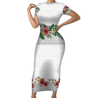 Hawaiian Tropical Flowers and Tribal Polynesian Tattoo Family Matching Short Sleeve Bodycon Dress and Hawaiian Shirt White Color LT03 Mom's Dress White - Polynesian Pride