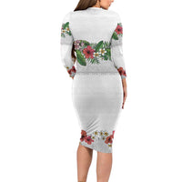 Hawaiian Tropical Flowers and Tribal Polynesian Tattoo Long Sleeve Bodycon Dress White Color