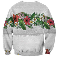 Hawaiian Tropical Flowers and Tribal Polynesian Tattoo Sweatshirt White Color