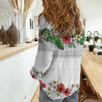 Hawaiian Tropical Flowers and Tribal Polynesian Tattoo Women Casual Shirt White Color