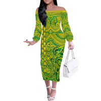 Cook Islands Vaa Polynesian Art Tattoo Family Matching Off The Shoulder Long Sleeve Dress and Hawaiian Shirt National Color