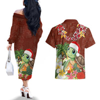 Hawaii Honu Mele Kalikimaka Couples Matching Off The Shoulder Long Sleeve Dress and Hawaiian Shirt Santa Tropical Flower Aloha Summer Red Version LT03 - Polynesian Pride