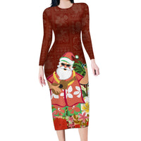 Hawaii Honu Mele Kalikimaka Long Sleeve Bodycon Dress Santa Tropical Flower Aloha Summer Red Version LT03 Long Dress Red - Polynesian Pride
