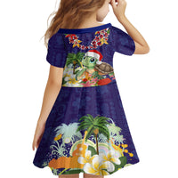 Hawaii Honu Mele Kalikimaka Kid Short Sleeve Dress Santa Tropical Flower Aloha Summer Blue Version LT03 - Polynesian Pride
