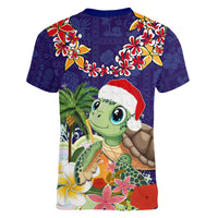 Hawaii Honu Mele Kalikimaka Women V Neck T Shirt Santa Tropical Flower Aloha Summer Blue Version LT03 - Polynesian Pride