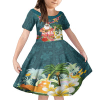 Hawaii Honu Mele Kalikimaka Family Matching Puletasi Dress and Hawaiian Shirt Santa Tropical Flower Aloha Summer Turquoise Version LT03 Daughter's Dress Turquoise - Polynesian Pride