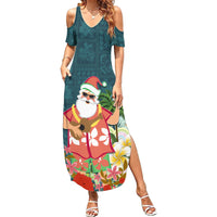 Hawaii Honu Mele Kalikimaka Family Matching Summer Maxi Dress and Hawaiian Shirt Santa Tropical Flower Aloha Summer Turquoise Version LT03 Mom's Dress Turquoise - Polynesian Pride
