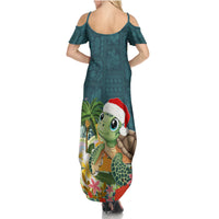 Hawaii Honu Mele Kalikimaka Family Matching Summer Maxi Dress and Hawaiian Shirt Santa Tropical Flower Aloha Summer Turquoise Version LT03 - Polynesian Pride