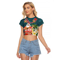 Hawaii Honu Mele Kalikimaka Raglan Cropped T Shirt Santa Tropical Flower Aloha Summer Turquoise Version LT03 Female Turquoise - Polynesian Pride