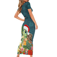 Hawaii Honu Mele Kalikimaka Short Sleeve Bodycon Dress Santa Tropical Flower Aloha Summer Turquoise Version LT03 - Polynesian Pride